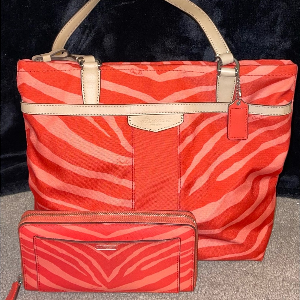 Red orange, zebra coach purse and wallet